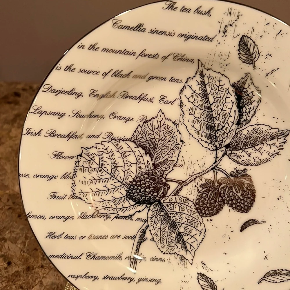 Pottery Barn Silver Fruit Tea Script Plates